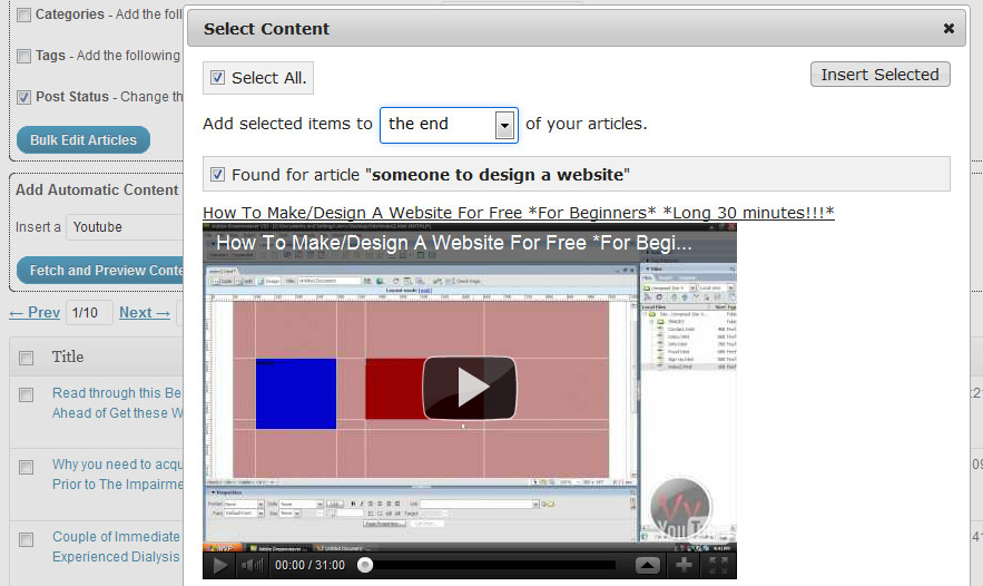 Wordpress bulk add pictures, videos and affiliate content to posts