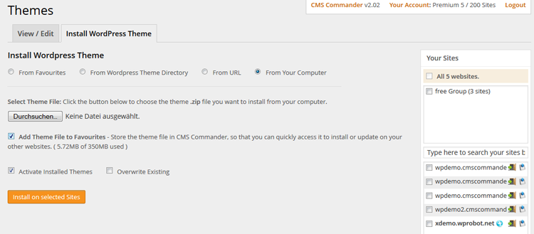 Install a theme to multiple sites from your CMS Commander favorites